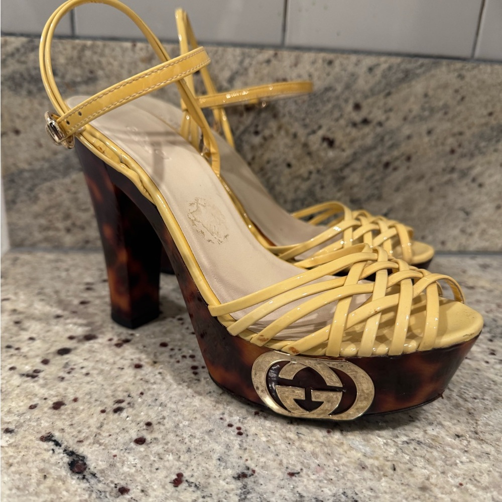 GUCCI LEATHER TORTOISE PLATFORMS GREASE HEALS SIZE 5.5-6
